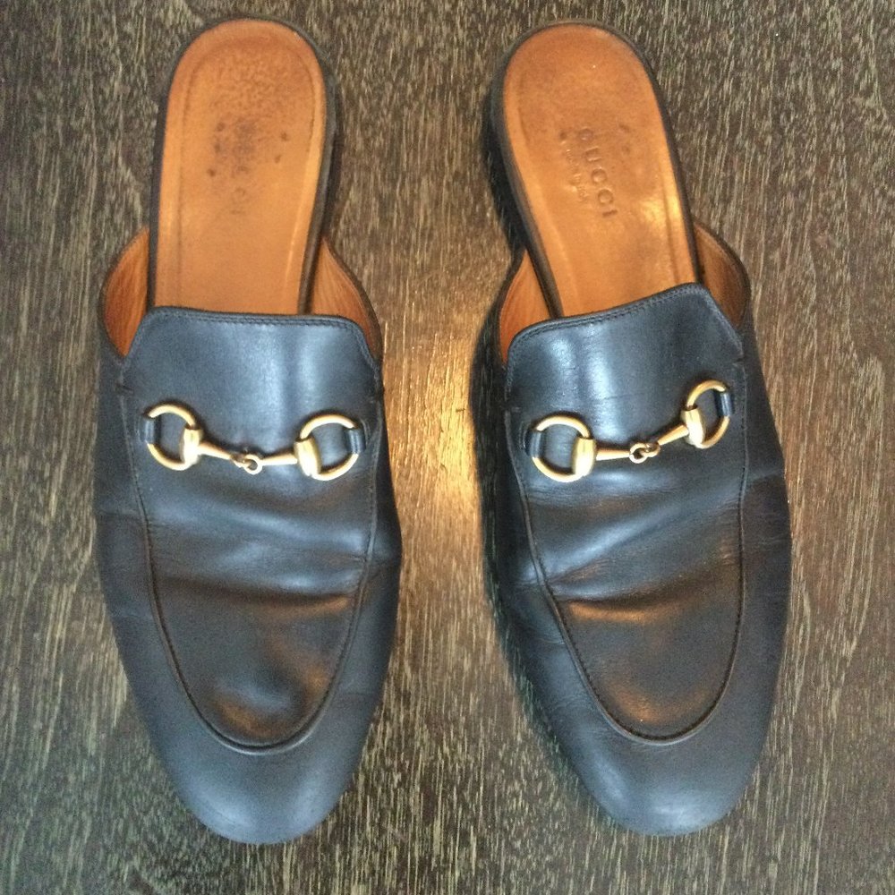 Gucci Princetown Horsebit Mule Leather Flat Loafer Slipper Black Size 37.5/ 7.5